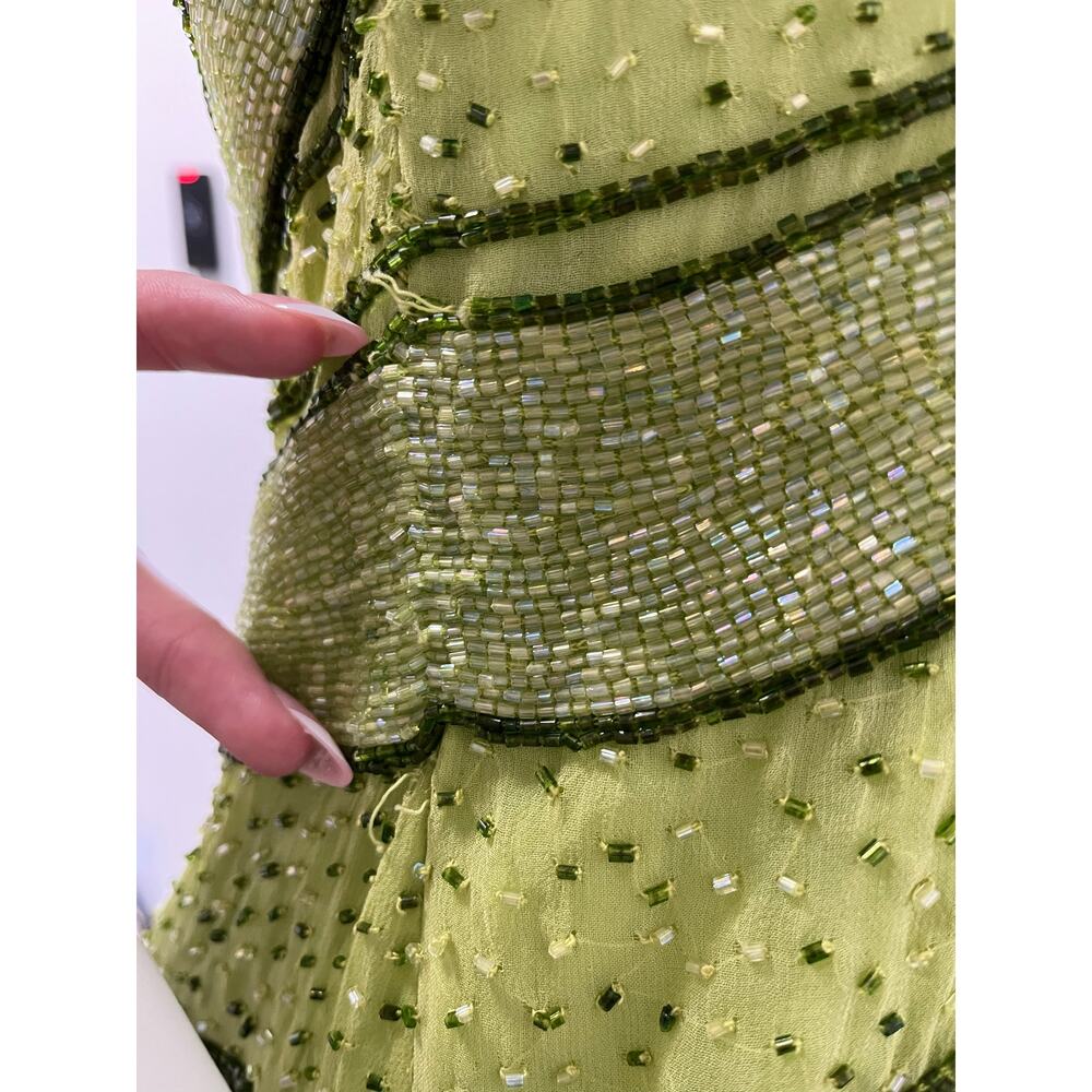 Vintage Caché Silk Beaded Halter Evening Gown Lime Green Y2K Formal Dress Large - Picture 6 of 10
